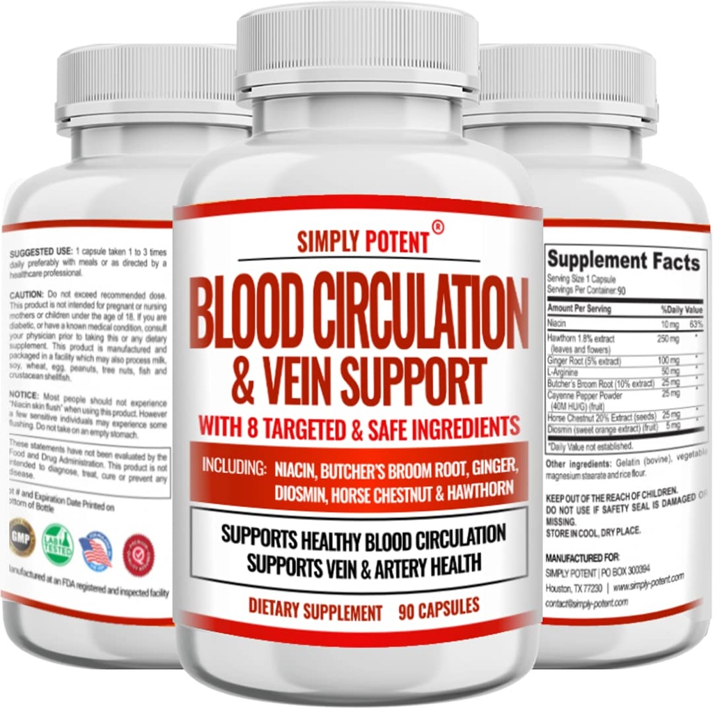 Sânge Circulație & Vein Supplement de suport, 90 Caps, ajută cu Spider și Veini Varice, Sprijină nave, Leg și Sănătate cardiovasculară cu Niacin, Ginger, ardei iute
