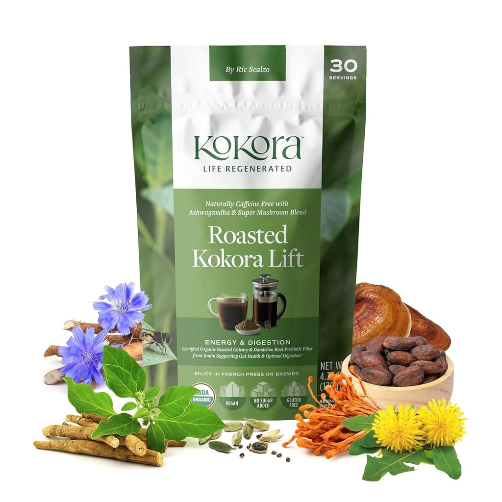 Kokora - Liftul Kokora prăjit - Dandelion, Cicoare, Pudră de rădăcină Ashwagandha cu super ciuperci - Energizează și promovează Digestia sănătoasă - Vegan, Gluten gratuit, fără zahăr adăugat - 30 Serviri - 120g