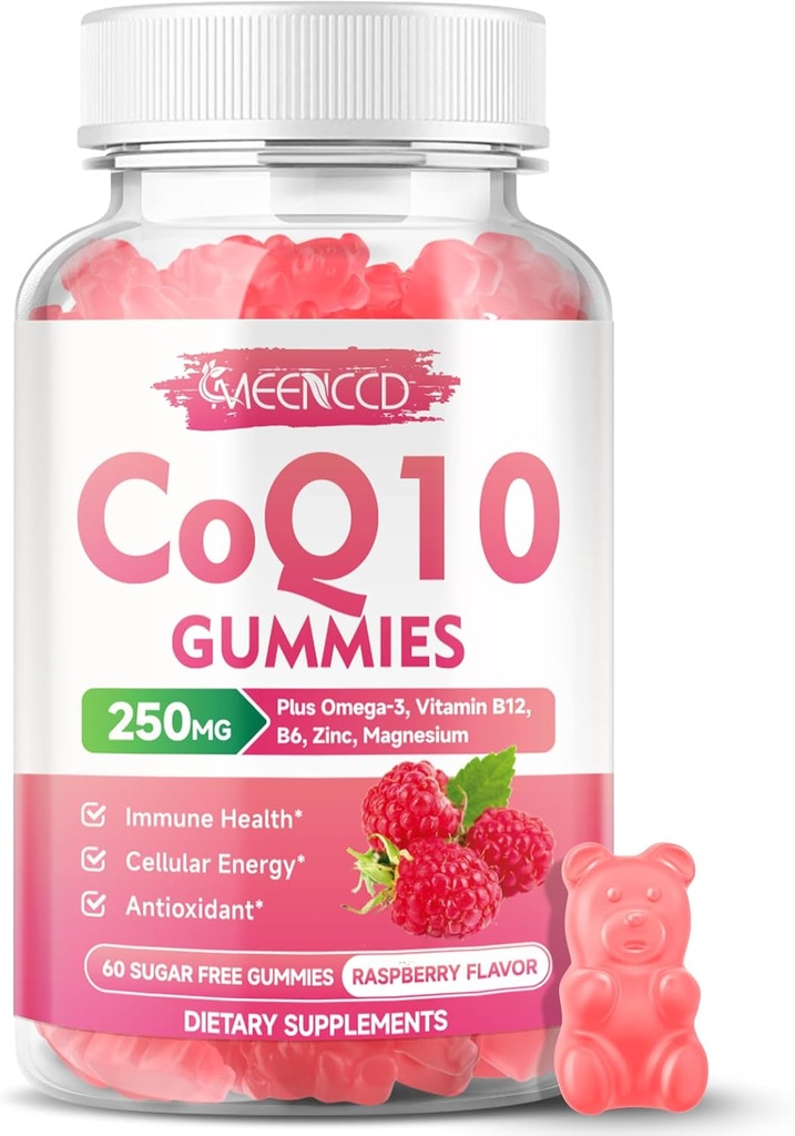 Sugar-Free CoQ10 Gummies 250mg, Coenzime Q10 Suplimente Plus Omega-3, Vitamina B6 & Zinc, Supliment de înaltă absorbție CoQ10 pentru energie celulară și suport antioxidant, Aroma de zmeură, 60Cts Vegan