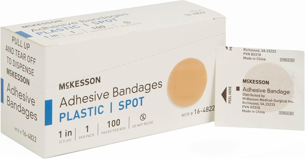 McKesson Bandaje adezive, steril, Spot de plastic, 1 in, 100 Count, 24 Packs, 2400 Total