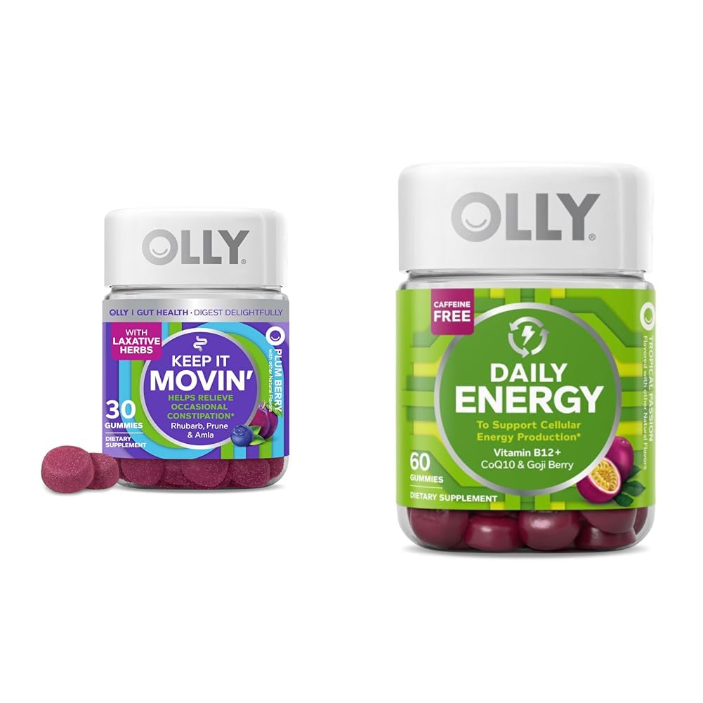 OLLY Constipație Relief 30ct, Energie Gummy 60ct - Rhubarb Prune Amla Berry, B12 CoQ10 Goji Tropical