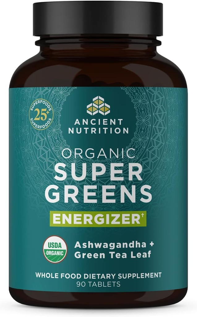 Supergreen-uri de nutriție antice Energizant tablete, tablete alimentare organice cu cofeina, fabricate din fructe reale, legume și plante aromatice, pentru suport digestiv și energetic, 90 Conte