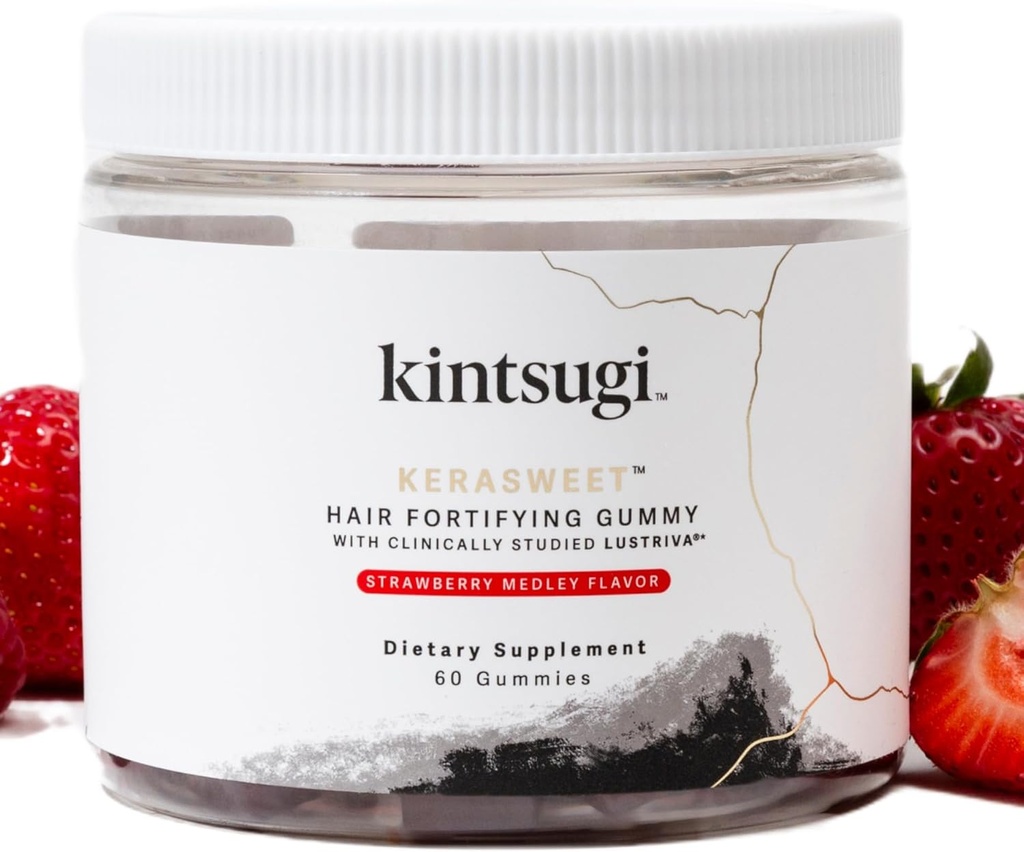 Kinssugi KeraSweet Hair Fortifying Gummy- Ajutor Combat Semne de imbatranire a parului, Supliment pentru Stranduri Puternice, Voluminoase- Suporturi sănătoase, Fuller Looking Hair w/ B12, Saw Palmetto, ACV (Strawberry, 60ct)