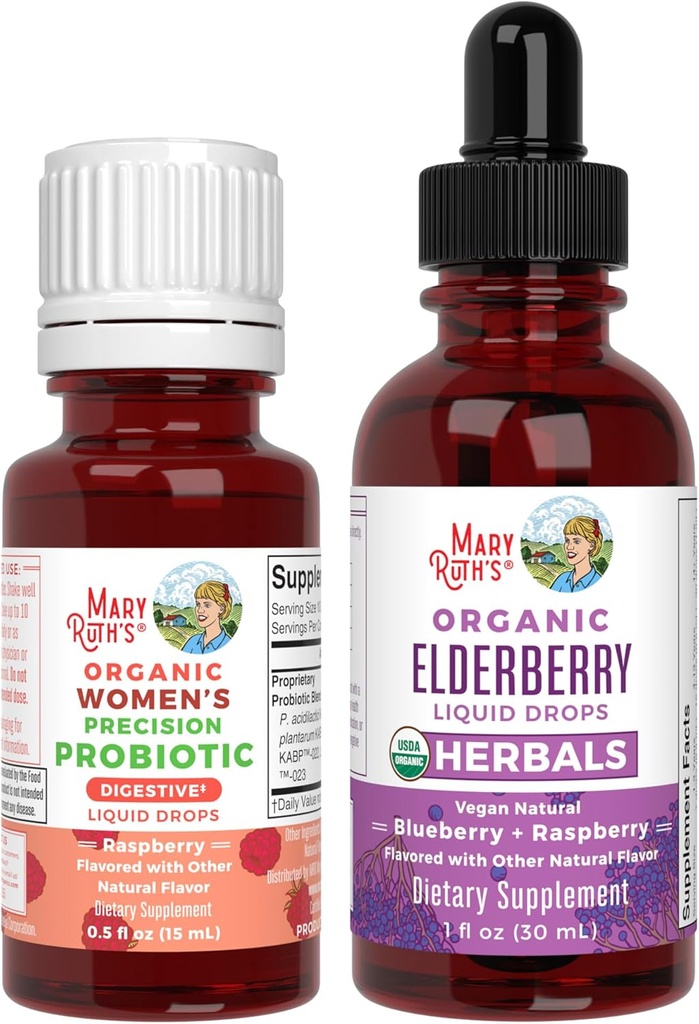 MaryRuth Organics Precision Probiotic pentru femei (Zmeură) & Elderberry picături (Blueberry) 