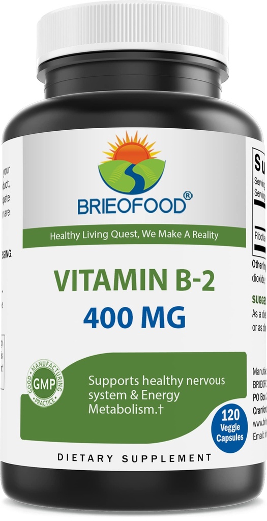 Brieofood Vitamina B2 (Riboflavin) 400mg, 120 Veggie Capsule - Gluten gratuit, non-GMO