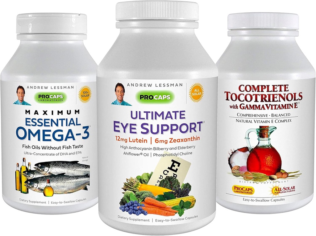ANDREW LESSMAN 3 Produs Eye Health Bundle - 360 Softgels Fiecare dintre Ultimate Eye Support, Maxime Essential Omega-3 și Tocotrienol complet. Promovează și susține sănătatea ochilor.