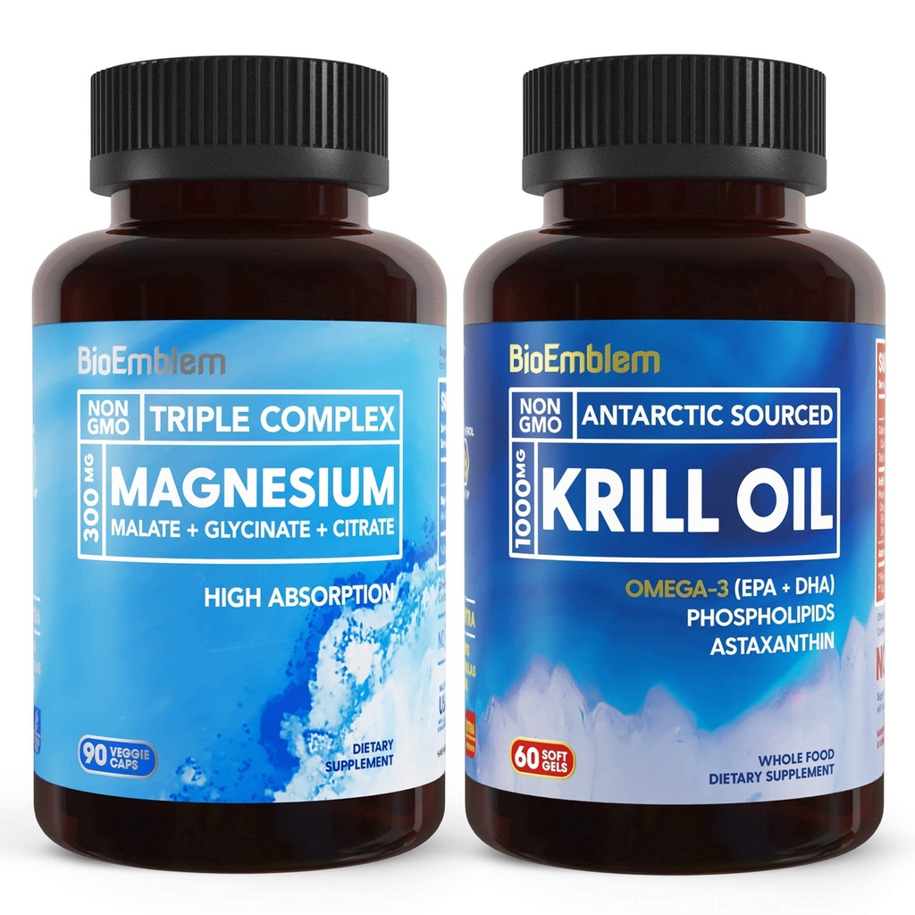 BioEmblem Triple Magneziu Complex şi Antarctica Krill ulei, susţine somnul şi sănătatea creierului, inima şi sănătatea comună, promovează sănătatea cardiovasculară şi sprijină relaxarea