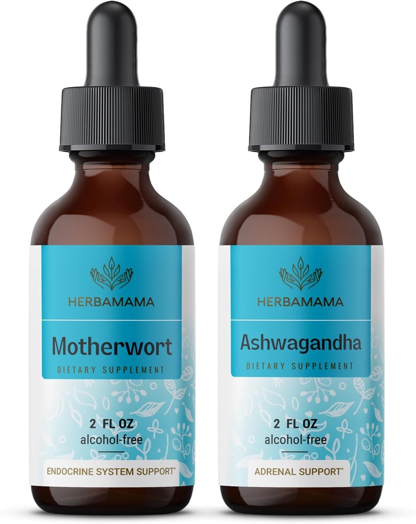 HERBAMAMA Herbal Liquid Drops Kit - Bundle of Motherwort Extract & Ashwagandha Tincture 2 fl oz - Vegan, Non-GMO, Sugar & Alcool-Free - 2 Pack