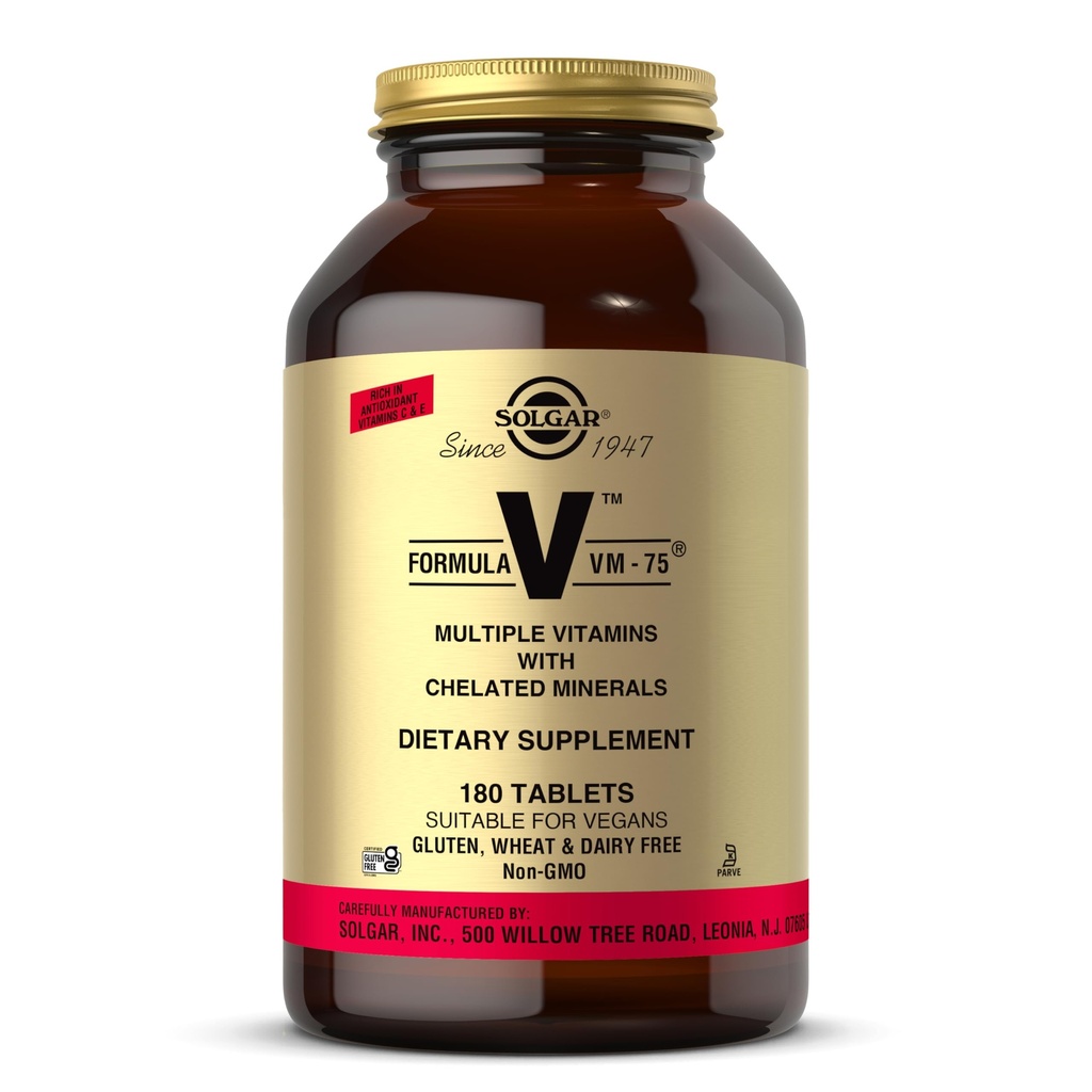 Solgar Formula VM-75, 180 comprimate - Multivitamine cu minerale Chelated - Vitamina A, B6, B12, C, D, E - Biotina, Magneziu, Calciu, Fier, Zinc - Vegan, Gluten gratuit, Dairy Free, Kosher - 180 Serviri