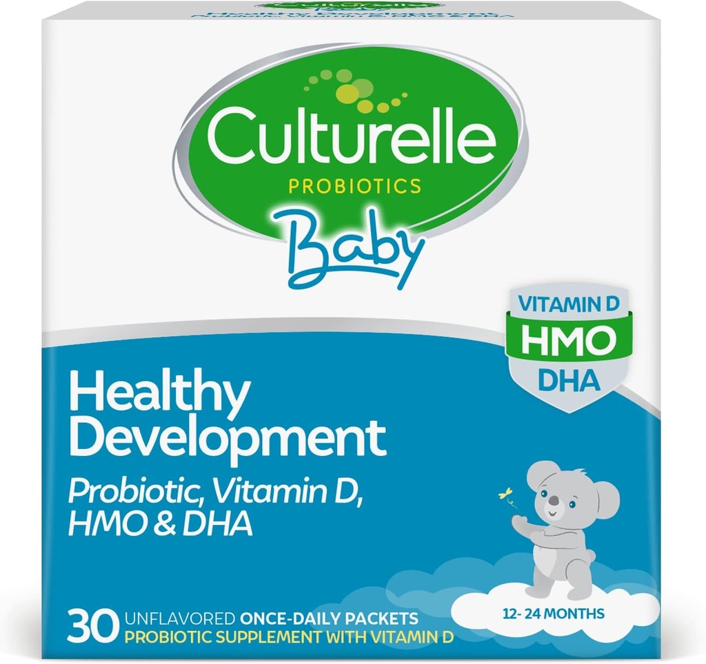 Culturelle Baby Healthy Development Probiotic, Vitamina D, HMO & DHA Packets, ajută la promovarea unui sistem imunitar sănătos & Digestive System* în Bebeluși și copii Vârsta 1+,Gluten Free & Non-GMO, 30 Conte (Pachet de 1)