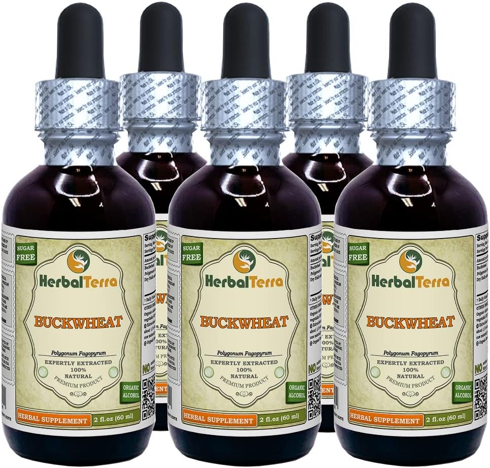 Hrișcă (Polygonum Fagopyrum) Tincture, Extract lichid de hule uscate (Brand Name: HerbalTerra, Proudly Made in USA) 5x2 fl.oz (5x60 ml)