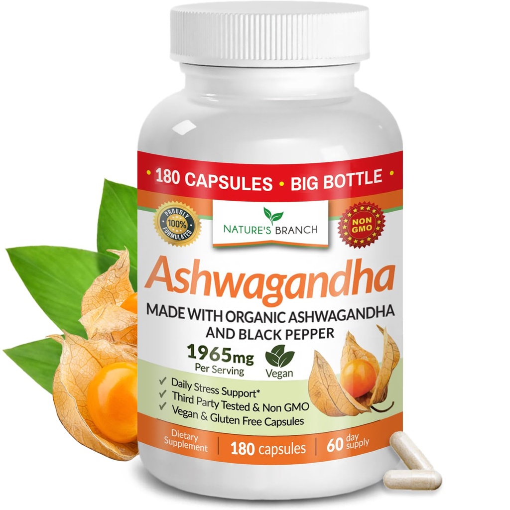 UDAF Organic verificat Ashwagandha cu Pepper negru - 180 capsule - 1965mg Extra Putere pentru Stres, Somn, Mood, Tiroidal, Focus, Păr, Vegan Pure Root Extras pulbere - Bărbaţi şi Femei Suplimente