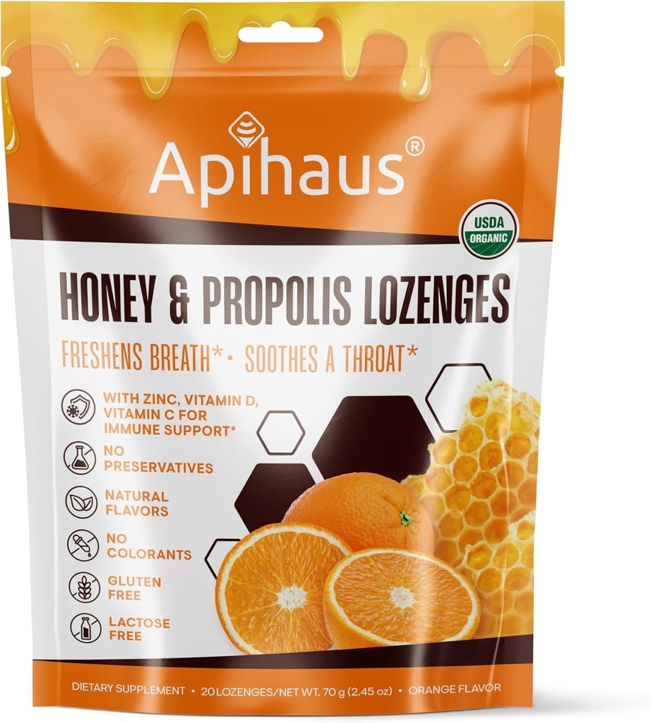 Honey and Propolis Lozenges Orange Flavor, Freshens Respirație - Soothes a Throat- Immune Support with Vitamina C, Vitamina D and Zinc, 20 Count