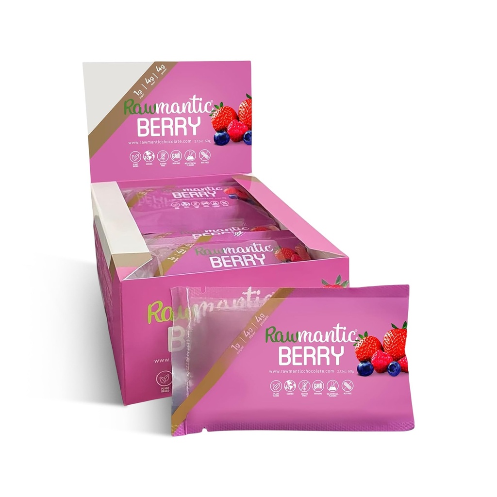 Ciocolata Rawmantic Berry Vegan Energy Baruri - 2.1 Oz (Pachetul de 12) - Ciocolata Snack Bars - lactate, nuci și gluten gratuit mixt Berry Bar - Perfect pentru diete Vegane - non-GMO mixt Berry Energy Baruri