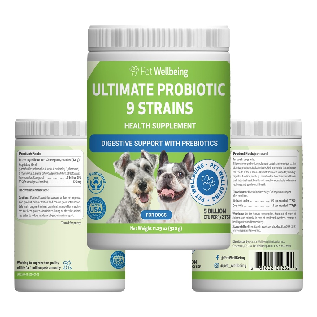 Pet Wellbeing Ultimate Probiotic 9 Tulpini pentru câini și pisici - Suporturi Microbiom Gut și Digestion, Ingrijirea sistemului imunitar, Sănătatea Tractului urinar, FOS, 2,5 miliarde CFU - 11.29 oz (320 g) Pulbere