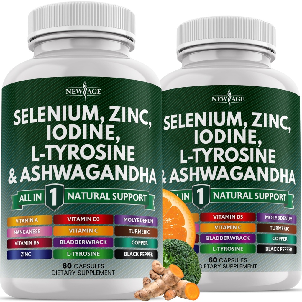 NOUA VÂRSTA Seleniu, Zinc, Iod, L Tyrosine, Ashwagandha - Supliment pentru Femei si Barbati cu Bladderwrack, Turmeric, Siliciu Kelp, Schisandra - 120 Conte