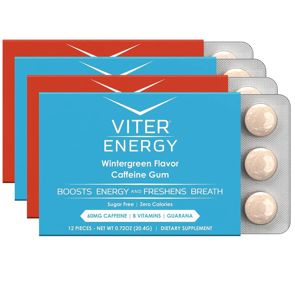 Viter Energy Caffeinated Gum 60mg Caffeine, B Vitamine, Guarana, Sugar Free. (Variety, 12pcs, 4 Pack)