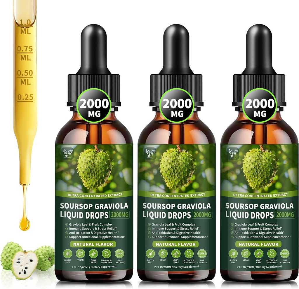 (3 ambalaj) Soursop Graviola Picături lichide 2000mg, 98% Absorbție pentru suport Cell & Regenerare, Immune Boost, Ficat, Herbal Goodness, Soursop Bitters Lichid-Sugar/Gluten gratuit, Aroma naturala, 6 Fl Oz