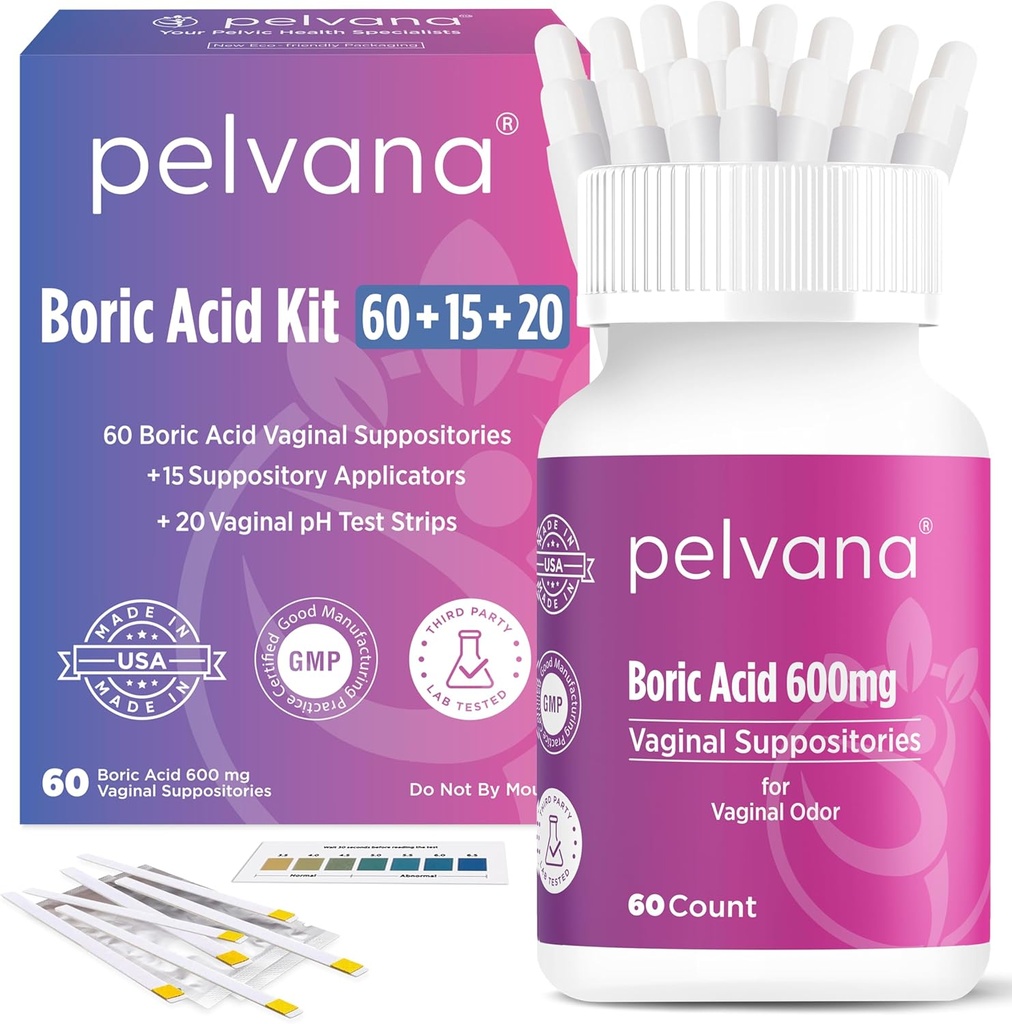 Pelvana Boric Acid Samplers for Women 60 + 15 Aplicatoare + 20 pH Test Strips = 95 Piece Kit pentru Odor Vaginal - Third-Party Lab Tested & Made in the USA