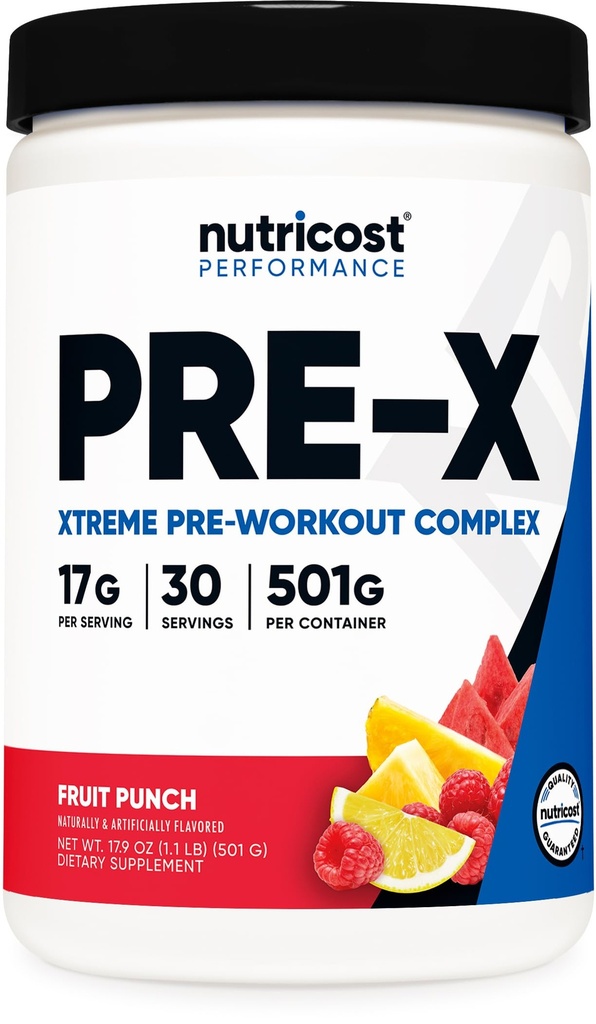Nutricost Pre-X Xtreme Pre-Workout Complex pulbere, Punch de fructe, 30 Serviri, Vegetarian, Non-GMO și Gluten gratuit