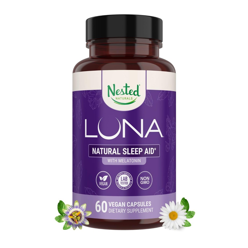 Nested Naturals Luna Sleep Aid - Non-Habit Forming Natural Sleeping Pills for Adults with Naturally Sourced Ingredients - Valerian Root, Melatonin, Chamomile, Lemon Balm, & More - 60 Vegan Capsules
