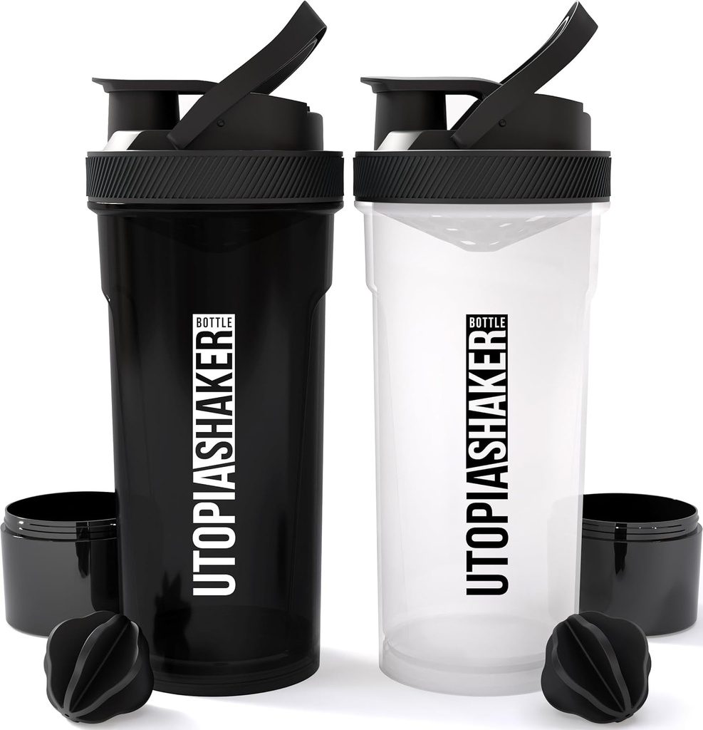 Utopia Home Shaker Bottle 2 Pack - 24 Ounce din plastic Proteina sau Cocktail Shaker Sticla pentru Pre & Post antrenament cu Twist & Lock Proteine cutie de stocare (Toate negru și negru / negru)