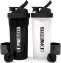 Utopia Home Shaker Bottle 2 Pack - 24 Ounce din plastic Proteina sau Cocktail Shaker Sticla pentru Pre & Post antrenament cu Twist & Lock Proteine cutie de stocare (Toate negru și negru / negru)