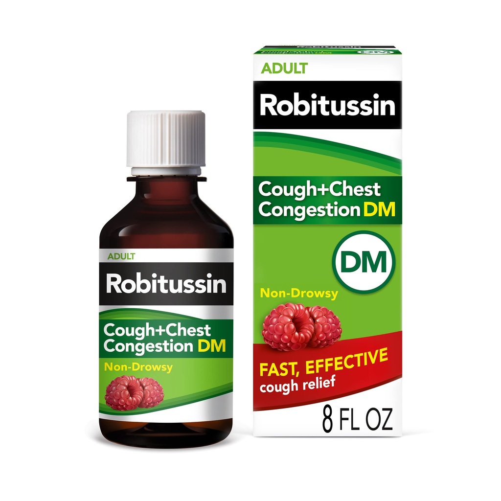 Robitussin Tuse şi Congestionare toracică DM, Tuse Supresant şi Expector, Aroma de zmeură - 8 Fl Oz Sticla