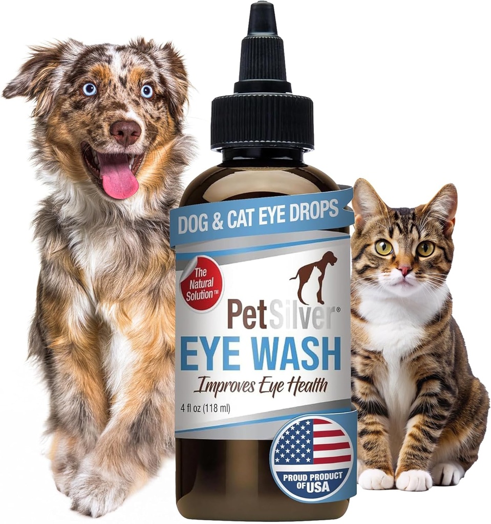 PetSilver picături de ochi pentru câini și pisici - Natural Dog Eye Wash - Ajutor pentru inflamație și iritație - Pet Eye Cleaner și Tear Stain Remover - Formula de argint brevetat - Made in the USA - 4 fl oz