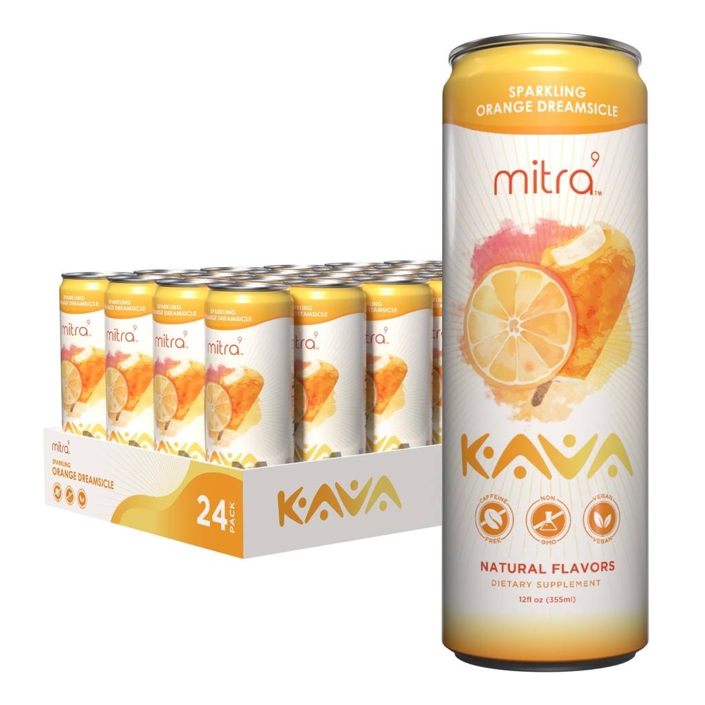 MITRA-9 Băuturi botanice - Orange Dreamsicle Sparkling Kava Bea cu extract de root Kava - Mood Enhancer - Bazat pe plante - Promovează calmul natural & Clarity (12 Fl. Oz) (24)