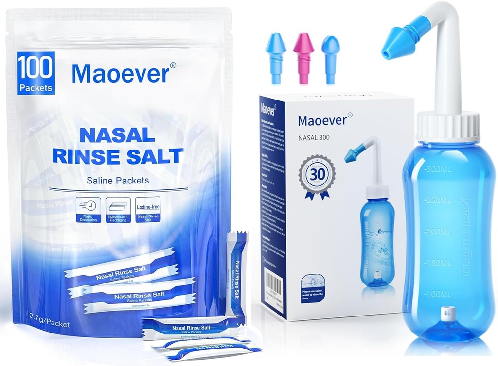 MAOEVER Neti Pot cu 130 Pachete de sare de spălare nazale Sinus clătire flacon nas spălare Cleaner presiune Clătire Nasal irigare pentru adult & Kid BPA gratuit 300 ML Sticker termometru