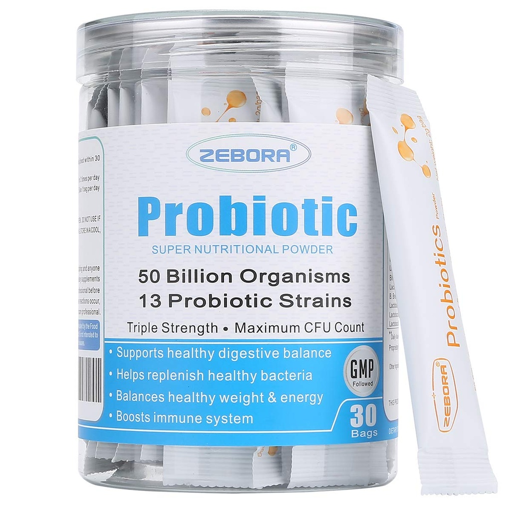 ZEBORA Probiotice pentru femei, bărbaţi şi copii, Prebiotice şi Probiotice pulbere pentru Digestive şi Immune Gut Health - Suport sănătos-Respirator-Sistem Gluten gratuit şi non OMG-uri, 30 Pachete