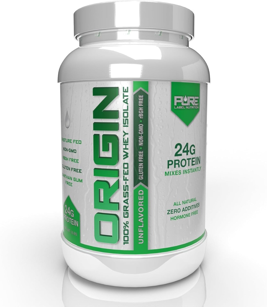 Label Pure Nutriție 100% Grass-Fed, Neflavorat Whey Izolat Pulbere de proteine (24g) cu aminoacizi esențiali, pentru recuperare Pre și Post Workout & Clădire musculară, Fat scăzut și carbohidrați scăzut - 2lbs
