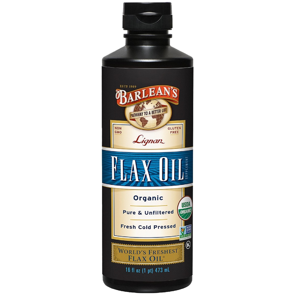 Barlean Organic Lignan Omega 3 Flaxseed Oil Liquid Supplement for Men and Women, Cold Press Flax Seeds, 7230mg ALA Fatty Acid, Vegan și Gluten Free, 16 oz