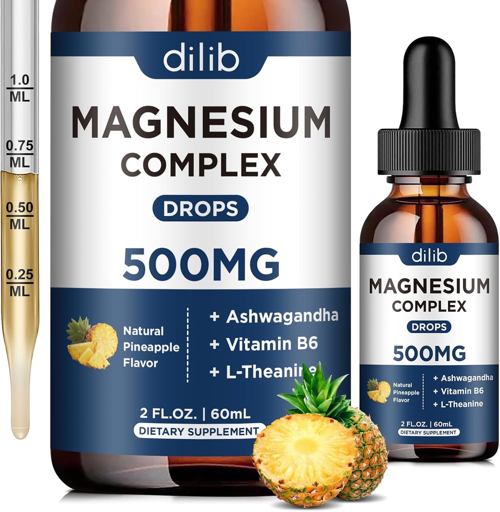 Triple Magneziu Complex Supliment-Magnesium Glycinate, Citrate, Malate Picături lichide 500mg cu Ashwagandha, L-Theanin, Vitamina B6 pentru calm, Stresss Relief, Somn, Muscle Support-Pineapple Flavor