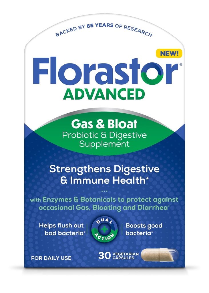 Florastor Advanced Gas and Bloat Probiotic, Digestive Enzime și botanice, Plus Probiotice pentru Sănătate Digestivă, 30 Capsule