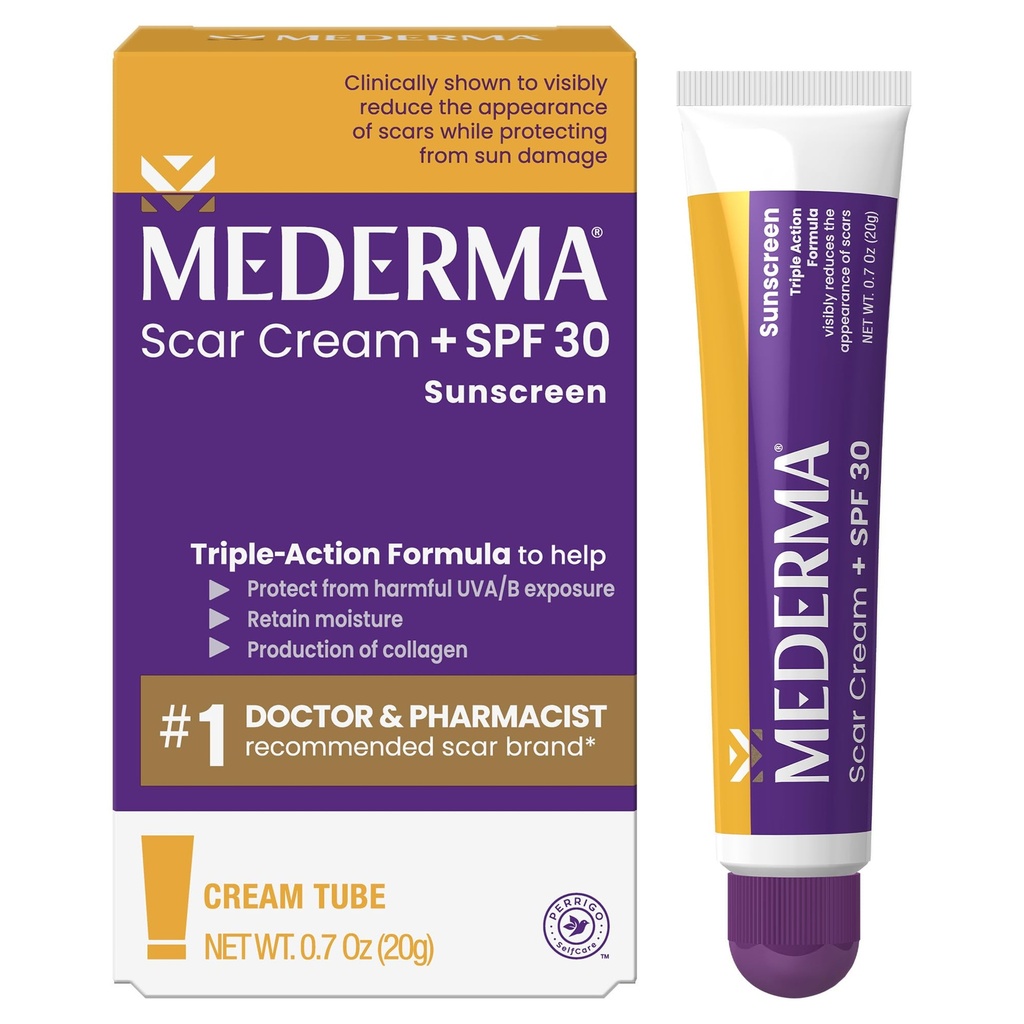 Mederma Scar Cream Plus SPF 30 - Tratament cicatrice avansat, Protejează de daune solare, reduce apariţia de cicatrici de acnee, Burns, Chirurgie & Leziuni, 0.7 oz
