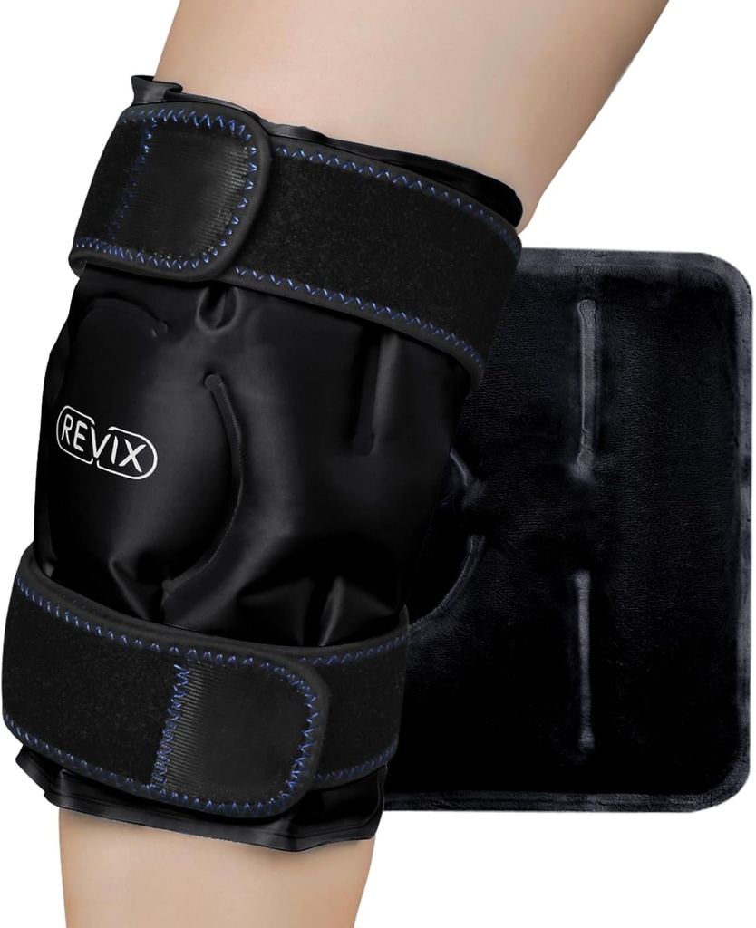 Înveliș de gheață REVIX pentru Knee Discomfort, Genți de gheață reutilizabile Wrap cu terapie comprimat rece pentru dureri musculare, promovează recuperare post-workout, moale Plush Lining, negru