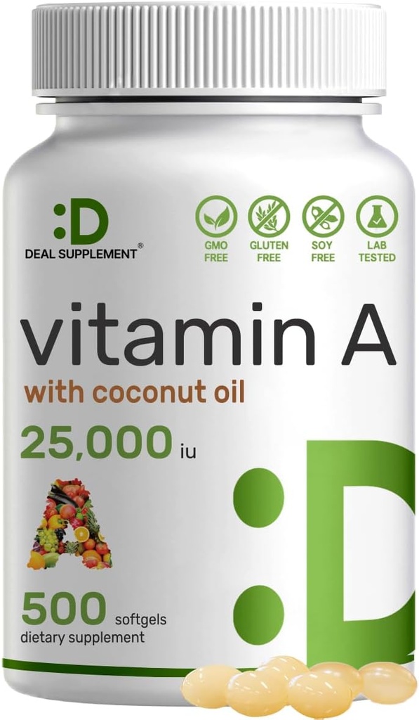DEAL SUPLEMENT Vitamina de mare potenta A 25000 UI, 500 Softgels ulei de cocos 
