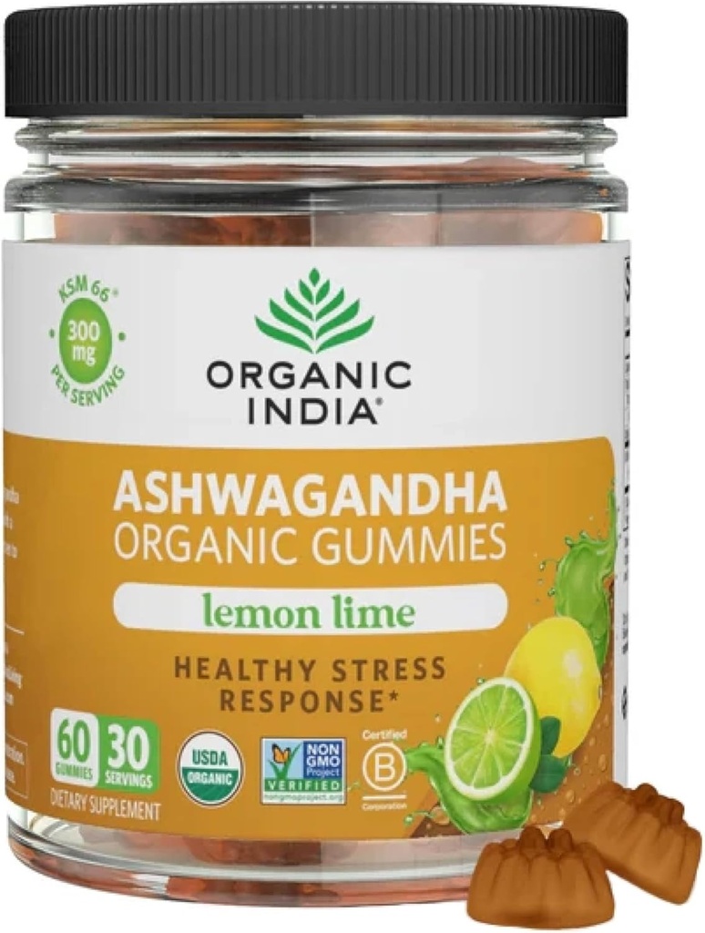 INDIA ORGANIC Ashwagandha Gumies for Men & Women - Stres Supplement, KSM-66 Ashwagandha Root, Extra Force, Calm Chews, Vegan, Non-GMO - Lemon Lime, 60 Gummies