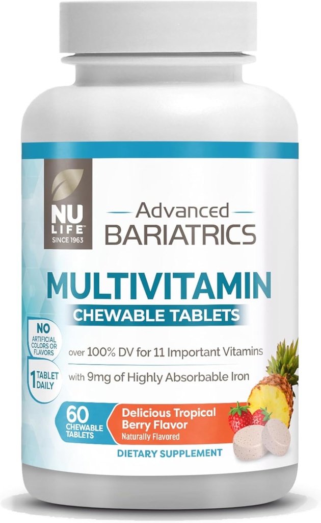 NU LIFE Advanced Bariatrici Multivitamine Tablete masticabile, Multivitamine bariatrice cu Berry de Fier - Tropical (60 comprimate masticabile) (Packing May Vary)