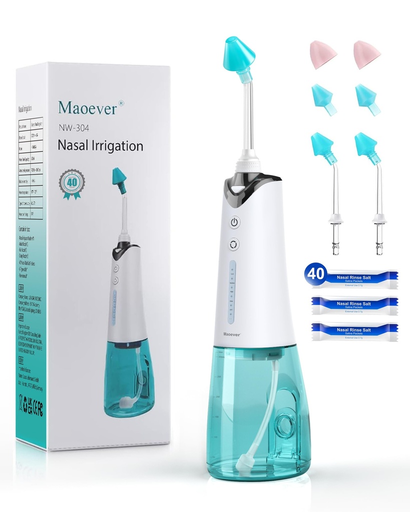Sistem de irigare nazale, Clătire nazală fără fir pentru Sinus Relief & Nasal Care, Electric Neti Pot cu 6 Sfaturi și 40 Packs de sare Irigare nazale Sistem de clătire Kit pentru adulți și copii