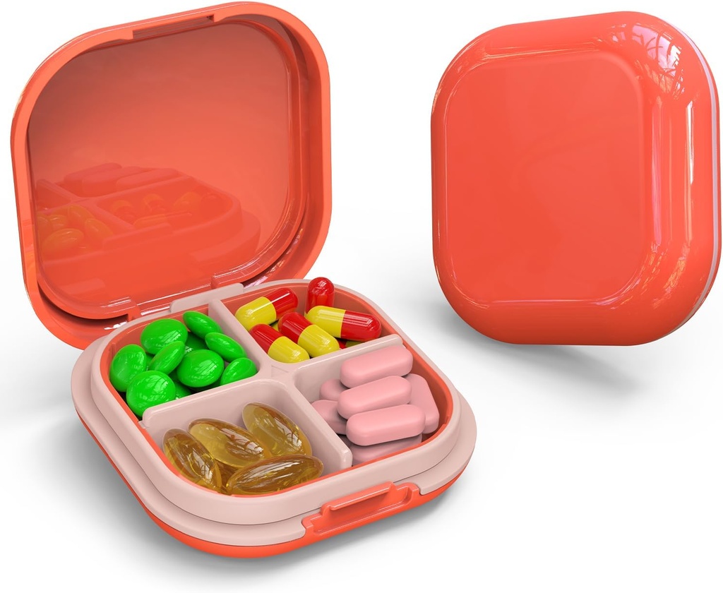 Organizator de pastile de zi cu zi 4 Compartimente, cutie pilulă mică Pastile Portable Pastile Travel Case, Mini Pilula Container pentru Purse Pocket, Compact Travel Medicine Organizator pentru Vitamina, Cod Ulei de ficat, Supliment (Pink)