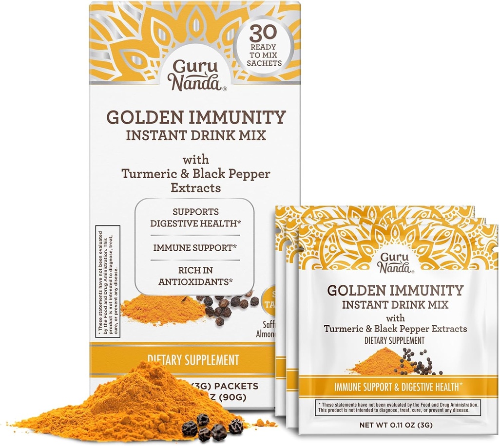 GuruNanda Golden Imunity Instant Drink Mix with Turmeric & Black Pepper - Rich in Antioxidanti pentru a sprijini sistemul imunitar si sanatatea digestiva - Saffron & Almond Flavored, On-The-Go Sachete (30 Count)