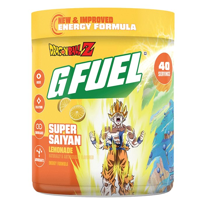 G Fuel Dragon Ball Z Energetic Drink Powder, Pre Workout Cafeină Mix pentru Gaming, Zahăr Free Focus Amino, Vitamină + Antioxidanți, 9,9oz (Lemonadă, 40 Serviri)