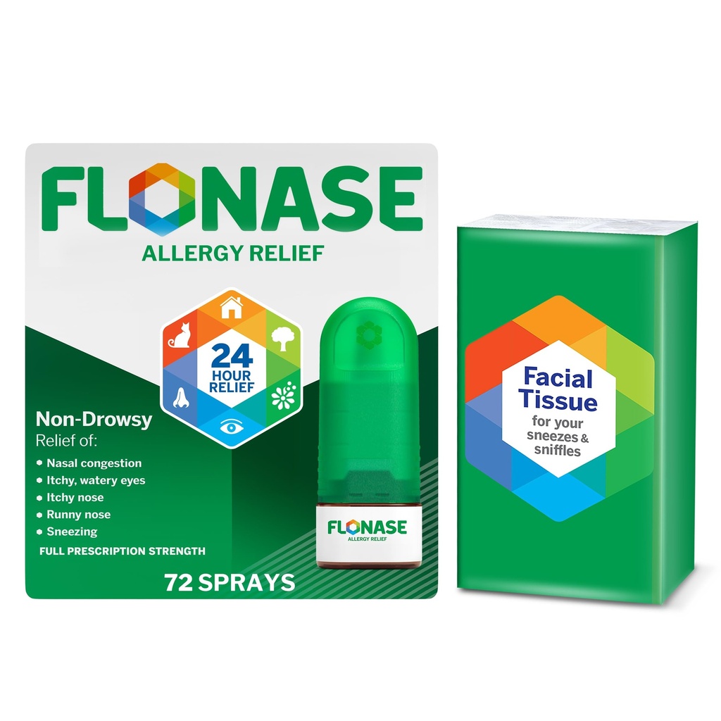 Flonase Alergie Relief Nasal Spray, 24 de ore non-Drowsy Multi-Symptom Relief - 72 Spray-uri plus Bonus Pack de țesuturi