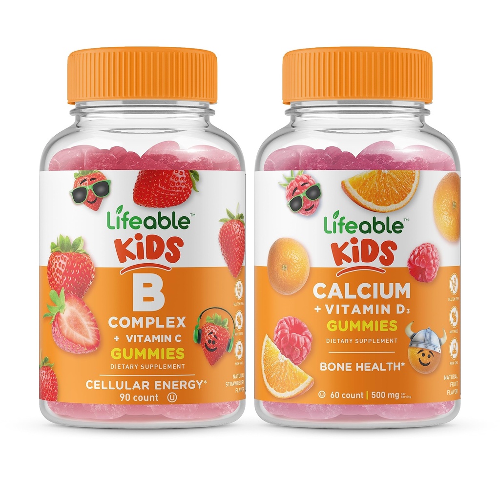 Complex B Lifeable Copii + Calciu cu vitamina D Copii, Gume Bundle - mare Tasting, Supliment de vitamine, Gluten gratuit, OMG gratuit, Gummy mesteca