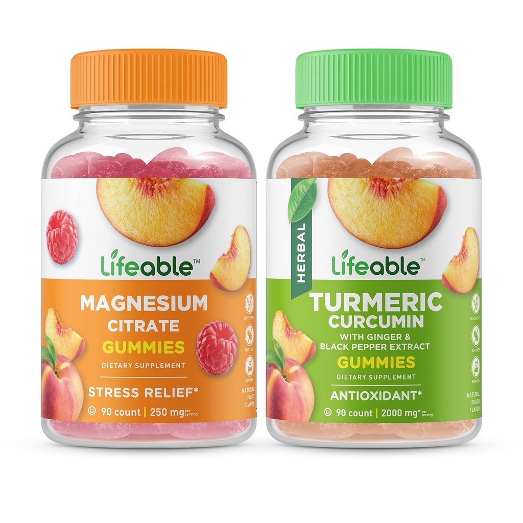 Magneziu durabil 85mg + Curcumin turmeric, Gummie Bundle - mare Tasting, Supliment de vitamine, Gluten gratuit, OMG gratuit, Guma de mestecat