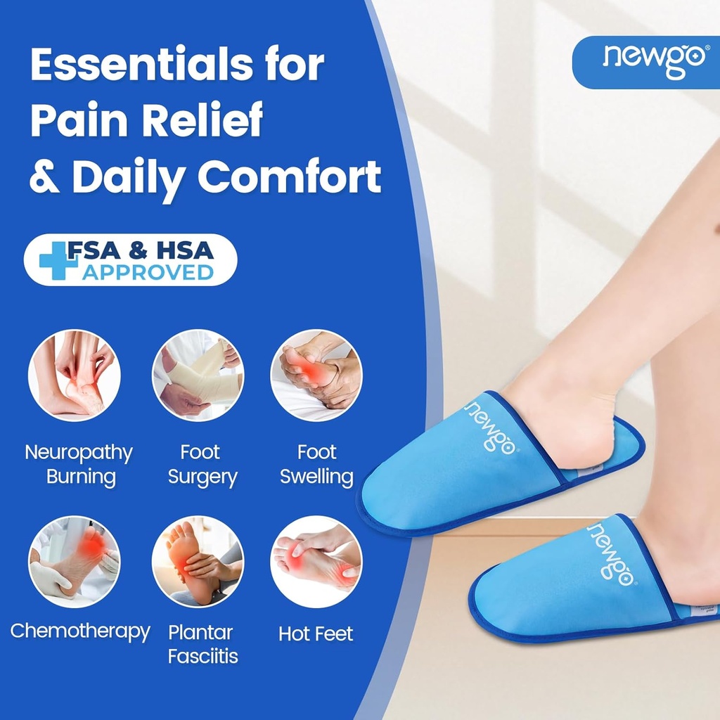 Newgo Picior Ice Pack Slippers pentru Fascitis Plantar și Neuropatie, HSA sau FSA eligibile 2 Pack Gel Ice Slippers Hot Frig Pack pentru Chirurgie Bunion Durere de relief, Picioare de ardere