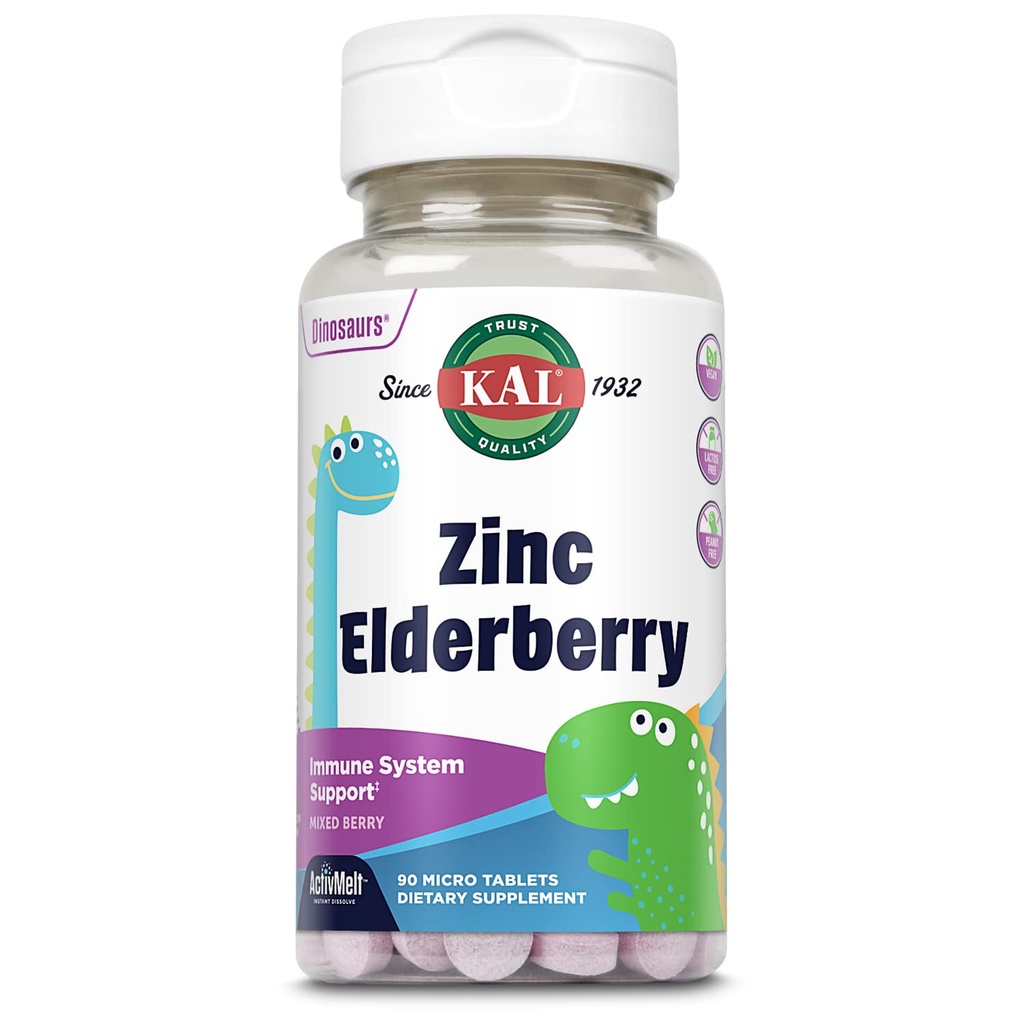 KAL Kids Zinc Elderberry Dinozaurs, Immune Supplement* for Children w/ Sambucus Elderberry, Fast Dissolving Mixed Berry Activ Melts, Fun, Tasty Dino Shapes, Vegan, 90 Servings, 90 Micro Tablets